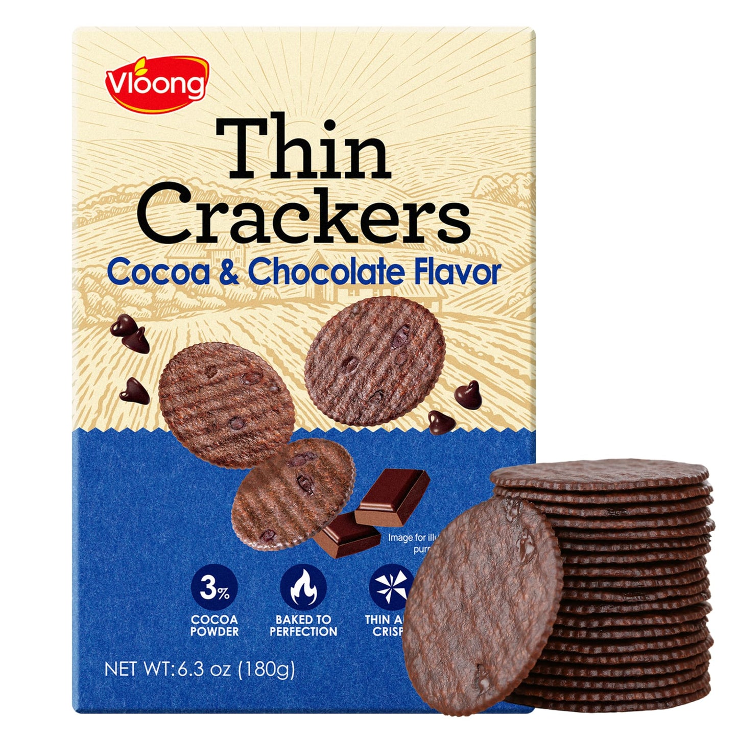 Vloong Cocoa & Chocolate Sweet Snack Breaker  Baked Crisp Cookie Thins With No Artificial Flavors  Healthy Snacks (3 Pack 18.9 Ounce)