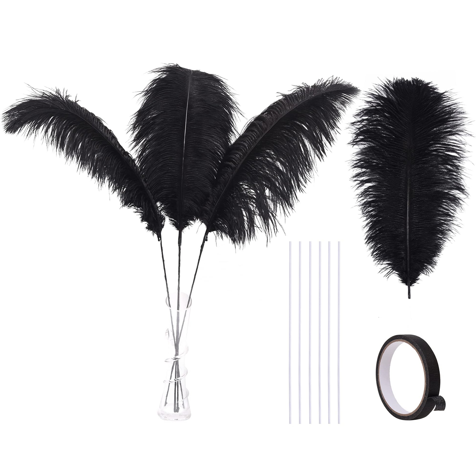 Ballinger Black Ostrich Feathers Bulk - Making Kit 10Pcs 28Inch Large Ostrich Feathers For Floral Arrangement, Vase, Wedding Par