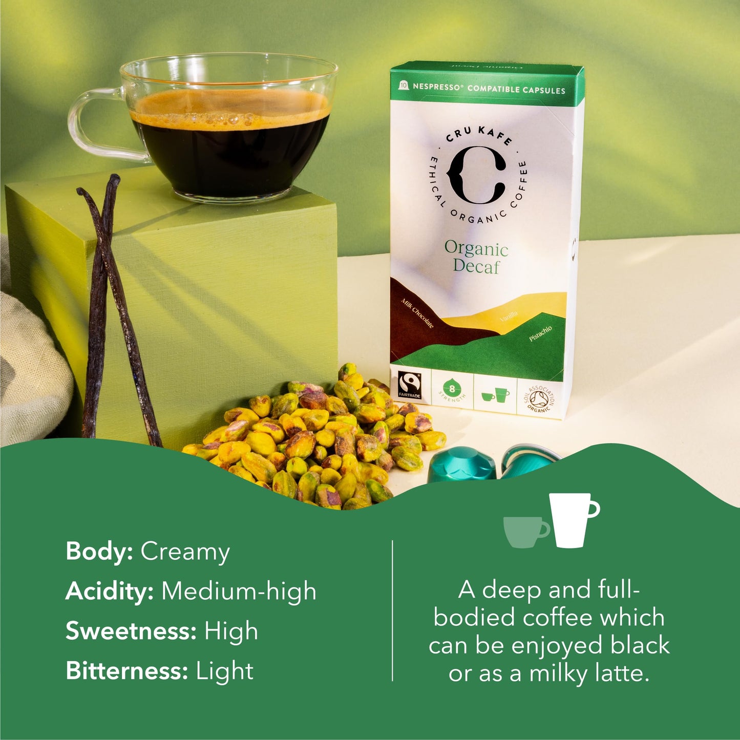 Cru Kafe Decaf Espresso Coffee compact pieces, USDA Organic, Fairtrade, 50 Pods, Compatible with Nespresso, Green