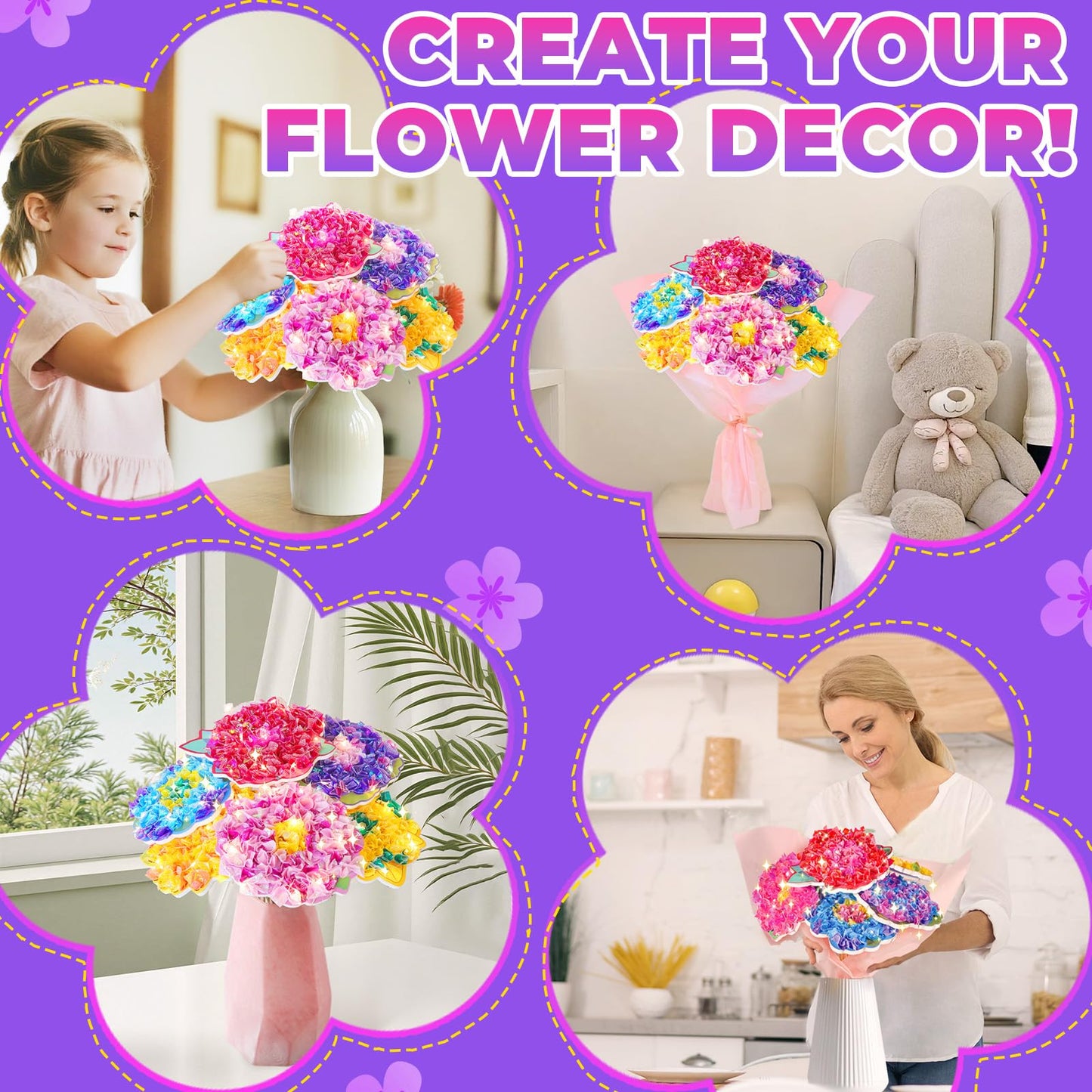 Vinkp Flower Bouquet Art Craft Kit, Arts And Crafts For Kids Ages 4-8, Poke Kit With With 6 Flowers & 6 Light Strings, Mess-Free For Girls & Boys, Craft Gift For Girls Ages 4, 5, 6, 7, 8+