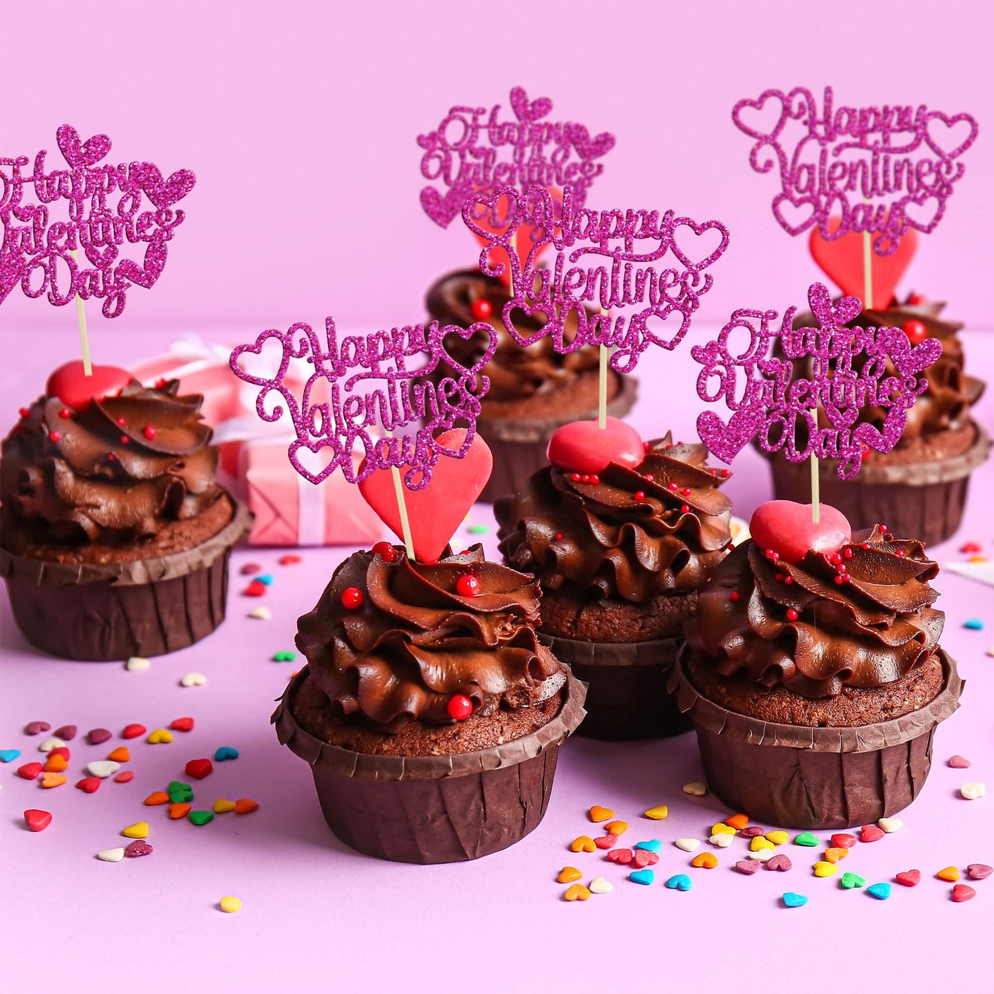 24Pcs Happy Valentine'S Day Cupcake Toppers With Heart Rose Red Glitter Sweet Love Theme Cupcake Picks Valentine'S Day Cake Deco