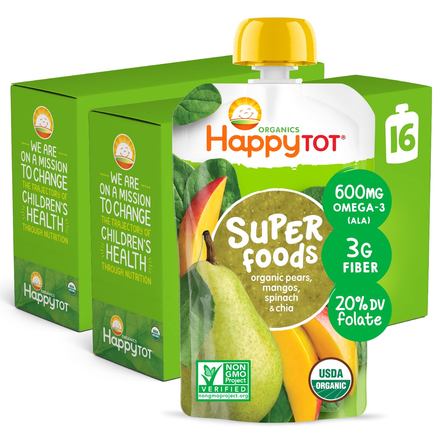 HAPPYTOT Organics Super Foods Stage 4, Pears, Mangos and Spinach + Super Chia, 4.22 Ounce Pouch (Pack of 16) packaging may vary