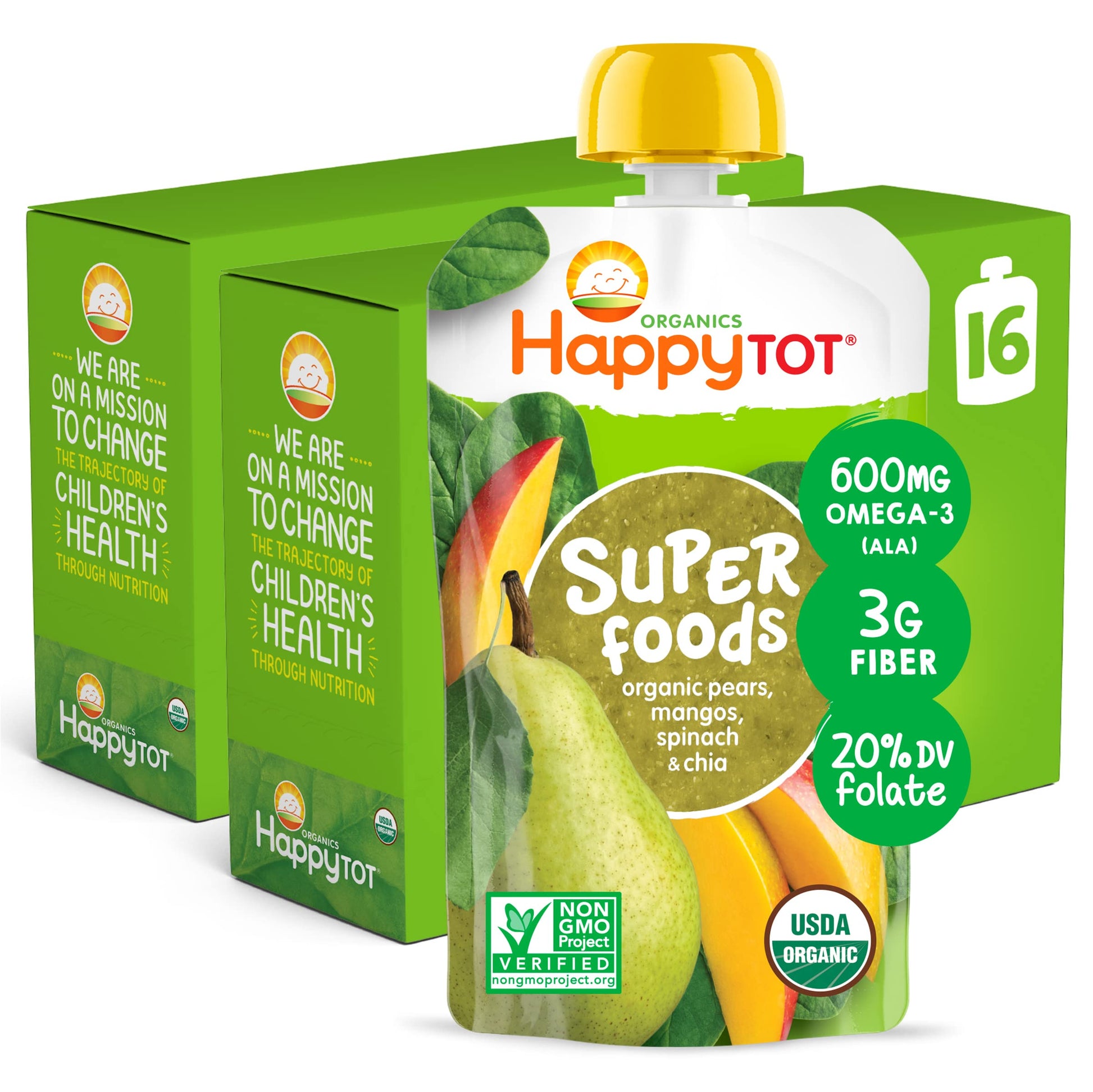 HAPPYTOT Organics Super Foods Stage 4, Pears, Mangos and Spinach + Super Chia, 4.22 Ounce Pouch (Pack of 16) packaging may vary