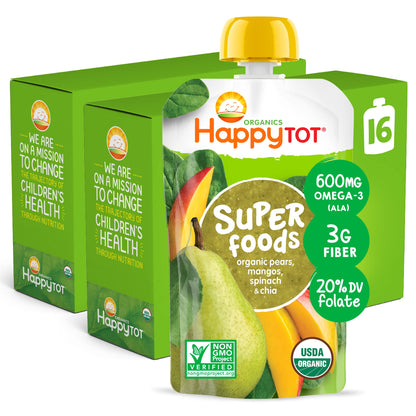 HAPPYTOT Organics Super Foods Stage 4, Pears, Mangos and Spinach + Super Chia, 4.22 Ounce Pouch (Pack of 16) packaging may vary