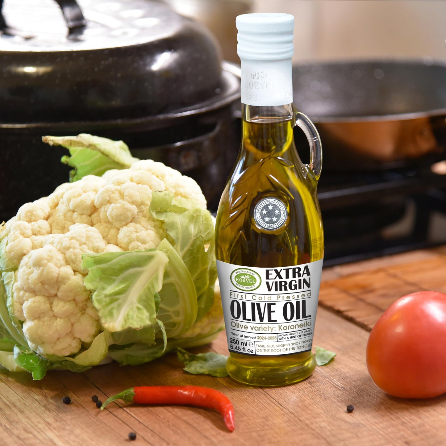 KORVEL Extra Virgin Olive Oil, Glass Bottle, Amphora, 250 ml, 8.45 fl oz