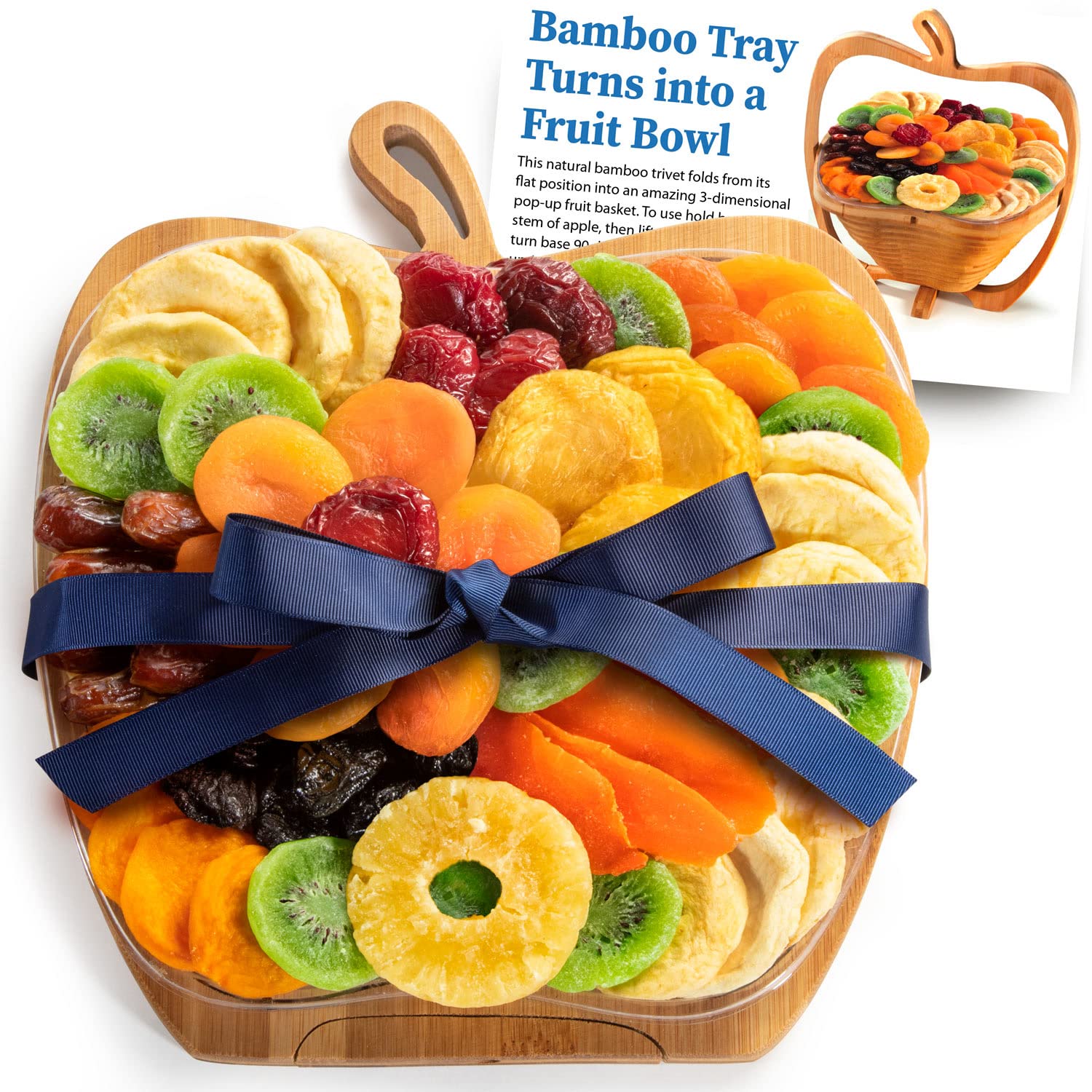 Dried Fruit Favorites on Apple Shape Bamboo Tray, Converts to Bowl for Mothers Day, Birthday, Thank You, Corporate Gifts by Blu