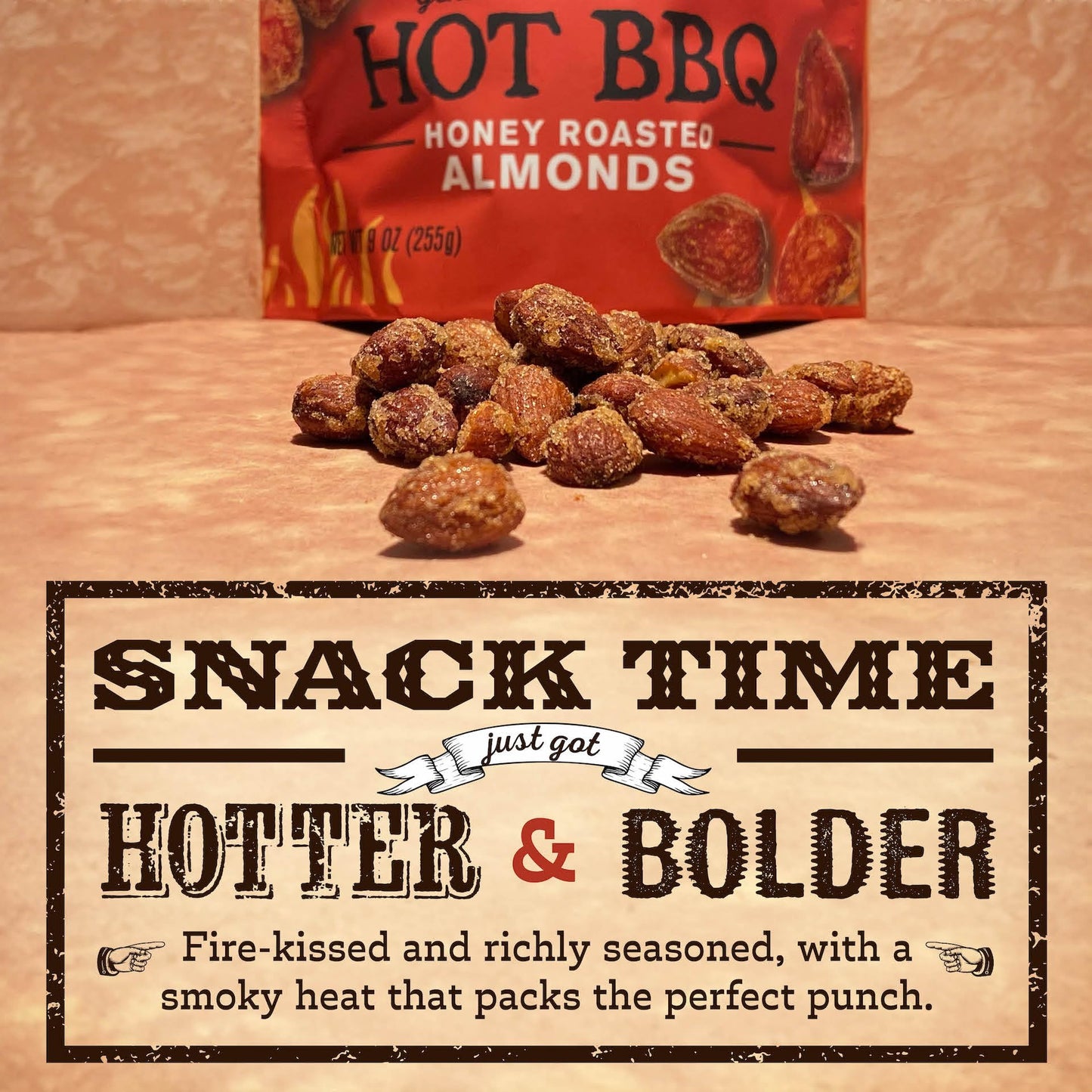 Rufus Teague Hot Bbq Honey Roasted Almonds - Sweet, Spicy & Smoky Gourmet Snacks, 9 Oz Resealable Pouch For Freshness, 3 Pack