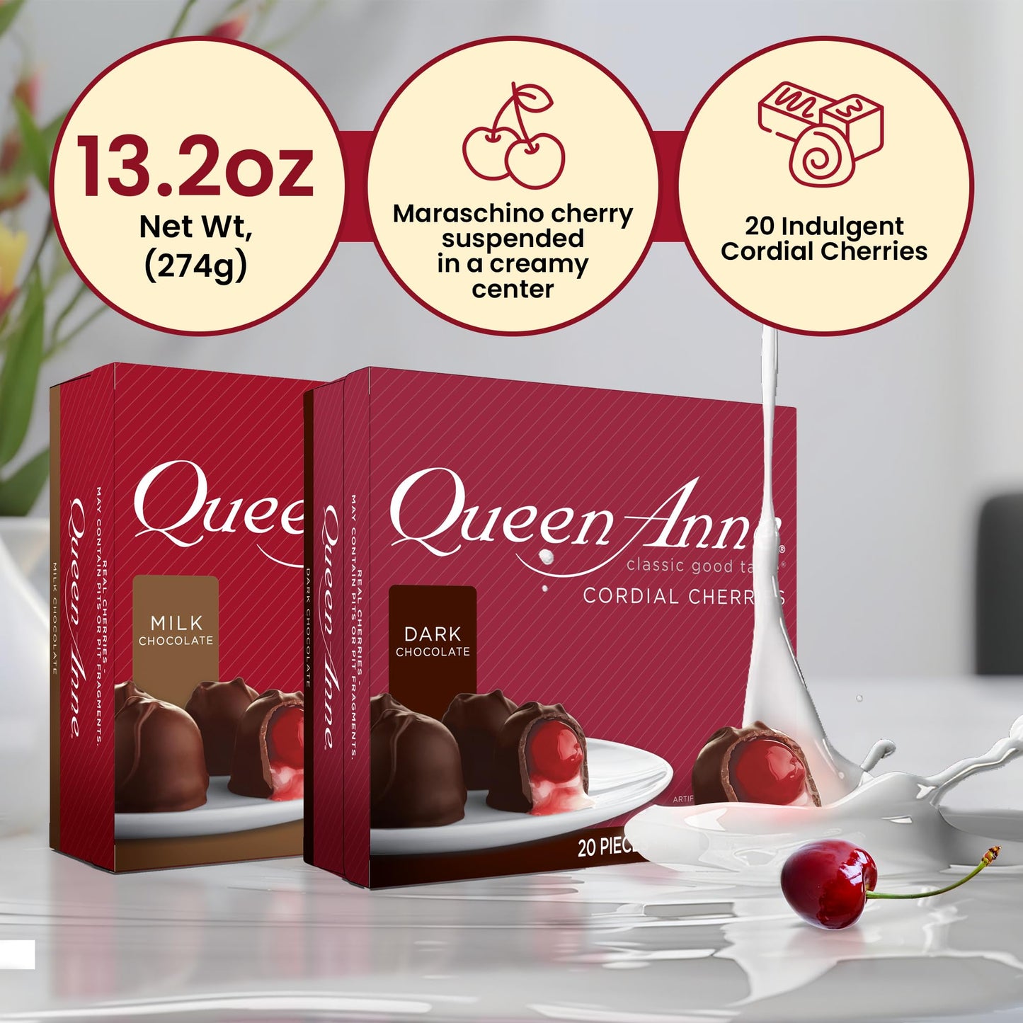 Queen Anne Milk And Dark Chocolate Covered Cordial Cherries | 13.2 Oz (Pack Of 2) | 20 Piece Gift Boxes | Whole Maraschino Cherry Creamy Filled Liquid Center | Holiday Party Chocolate Candy