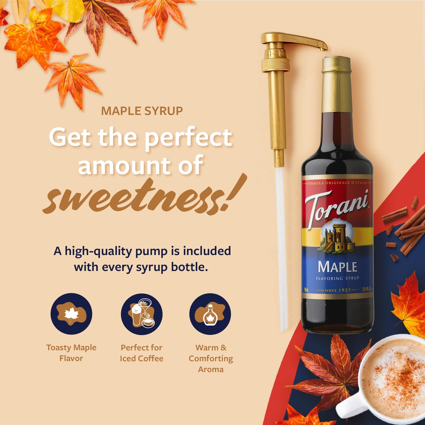 Torani Coffee Syrup, Maple Flavoring For Drinks, Glass Bottle With Pump Included, 25.4 Fl Oz