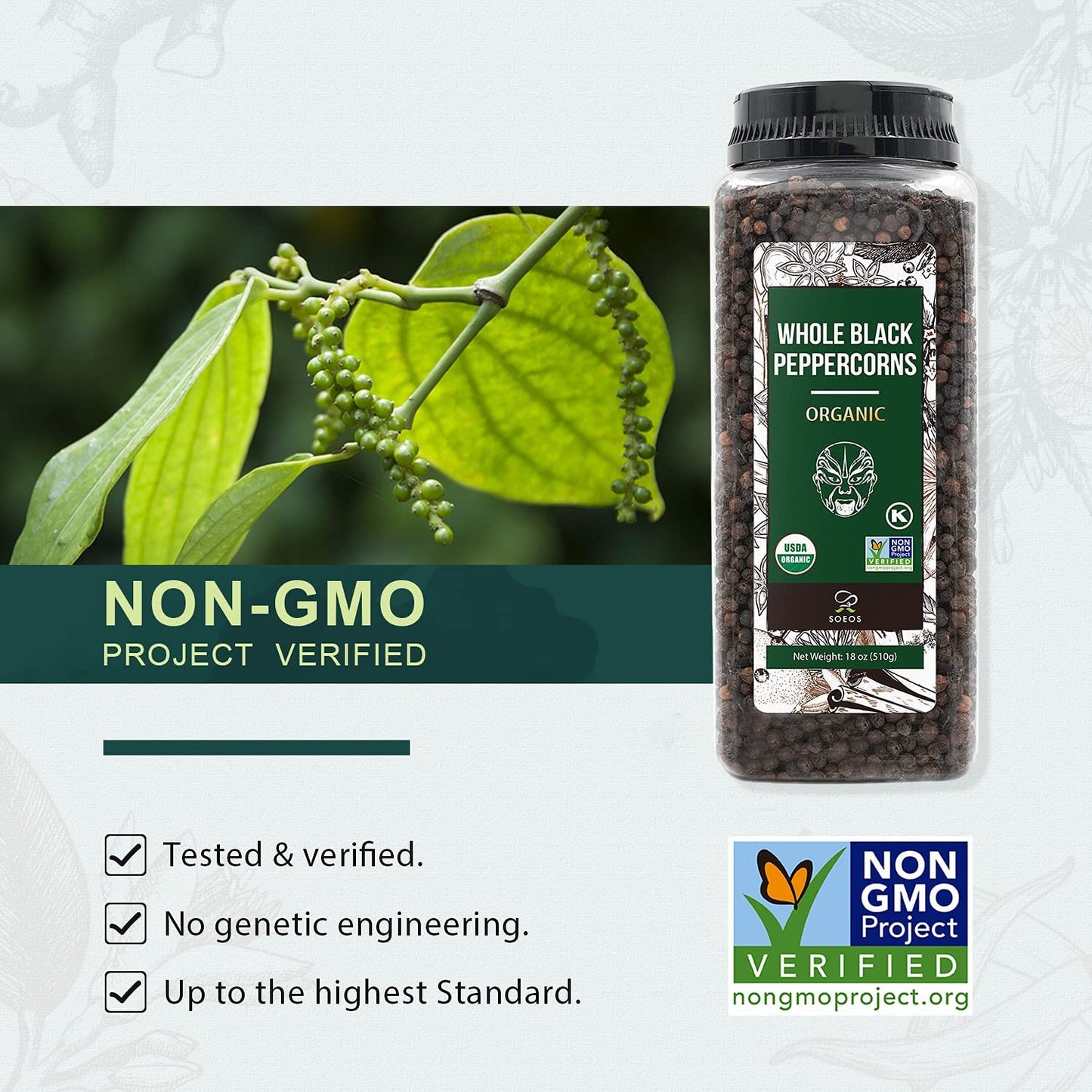 Soeos Organic Black Peppercorns, 18oz (Pack of 1), Non-GMO, Kosher, Packed to Keep Peppers Fresh, Peppercorn for Grinder Refill,