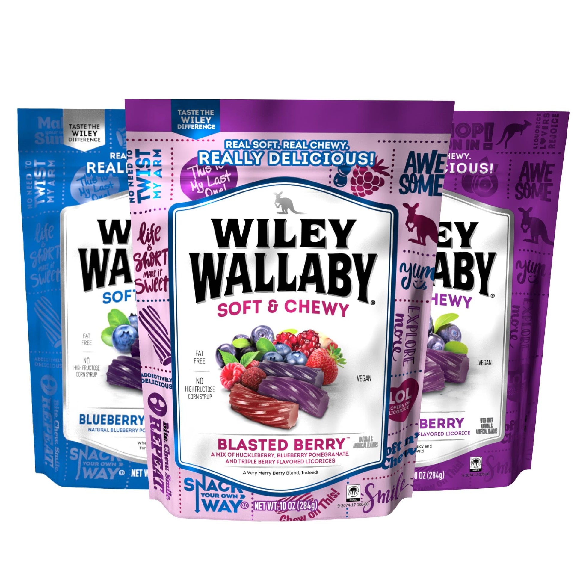 Wiley Wallaby Licorice 10 Ounce Variety Pack - Blueberry Pomegranate, Huckleberry, & Blasted Berry Gourmet Australian Style Soft