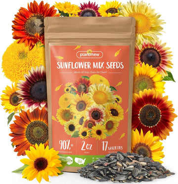 PLANTMEW Sunflower Seeds - 3,000+ Non-GMO Bulk Mix, Giant Mammoth & 17+ Heirloom Varieties, High Germination, Easy to Grow