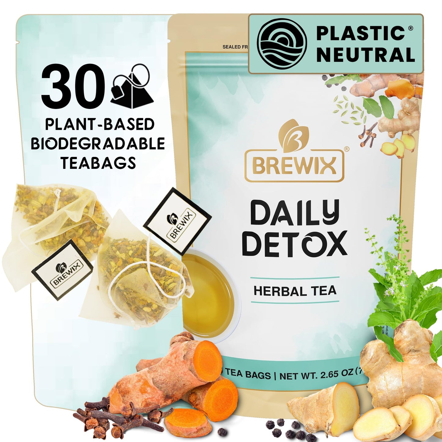 BREWIX Ayurvedic Detox Herbal Tea Bags - Caffeine-Free Herbal Tea, 30 Pyramid Tea Bags, Supports Digestion and Daily Vitality