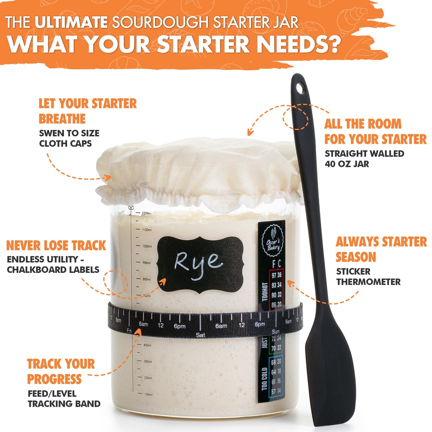 Oscars Bakery Sourdough Starter Jar Kit – 40 oz Glass Crock with Lid, Includes Accessories & Recipe for Bread Baking