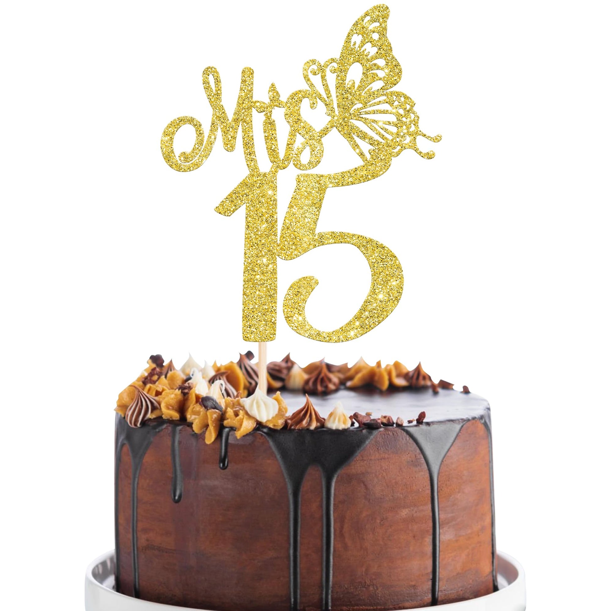 Rsstarxi Cake Topper - Happy 15th Birthday Decoration, Gold Glitter, Cardstock, Design 2