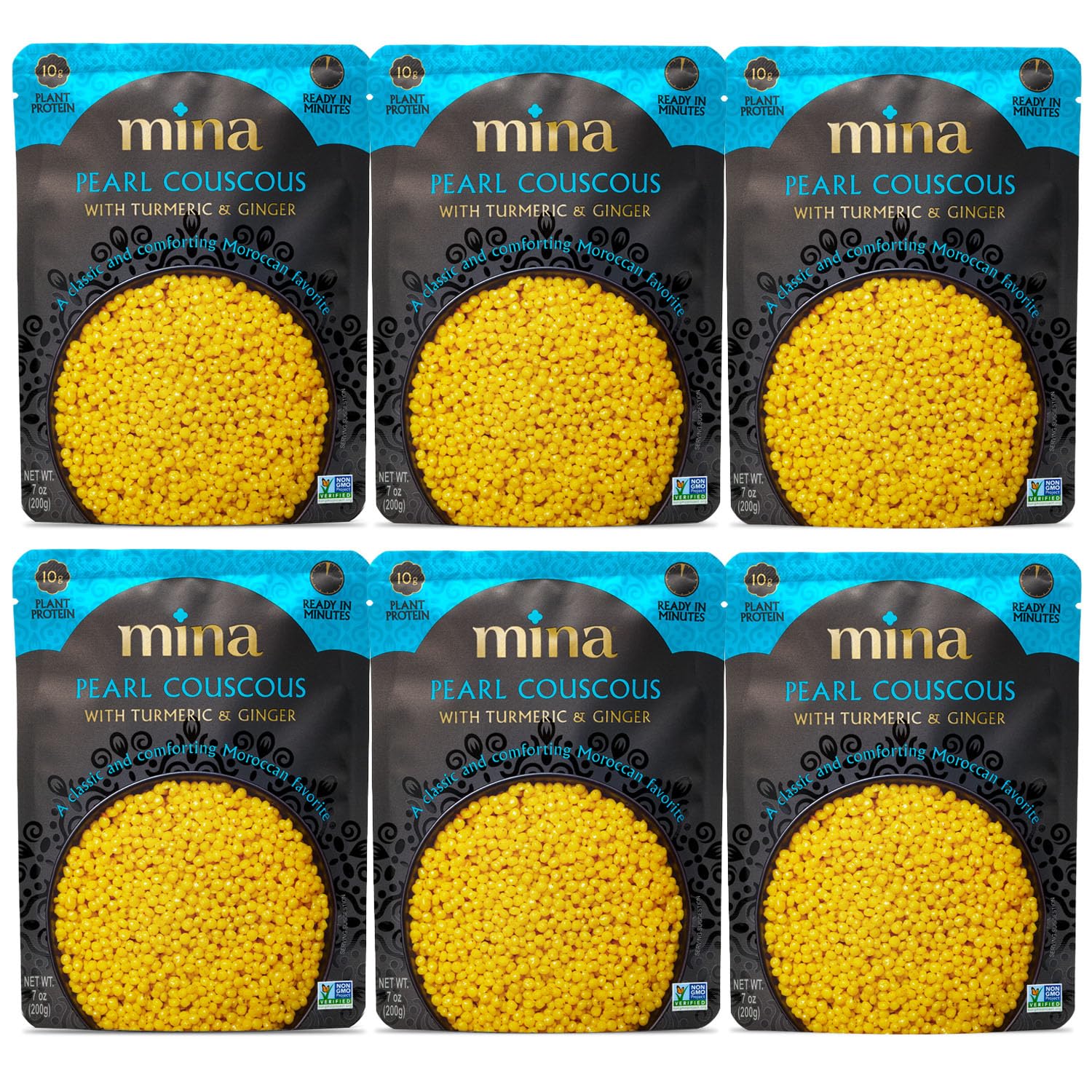 Mina Pearl Couscous  With Turmeric & Flavor Blendger  Ready To Eat  Couscous Pearls  Microwavable Meals & Side Dishes  Vegan Protein  Non-Gmo  Kosher  7 Oz (Pack Of 6)