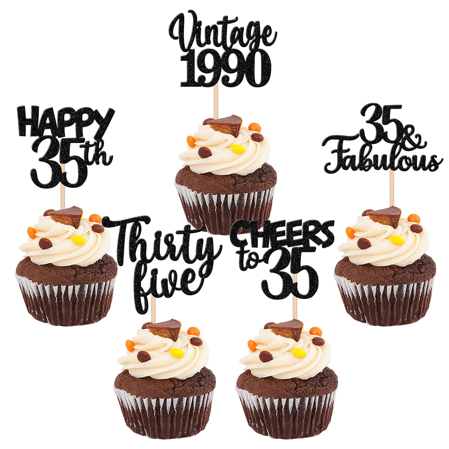 30Pcs Happy 35Th Birthday Cupcake Toppers Glitter Thirty Five Vintage 1988 Cupcake Picks 35 Fabulous Cheers To 35 Years Cake Dec