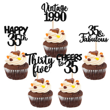 30Pcs Happy 35Th Birthday Cupcake Toppers Glitter Thirty Five Vintage 1988 Cupcake Picks 35 Fabulous Cheers To 35 Years Cake Dec