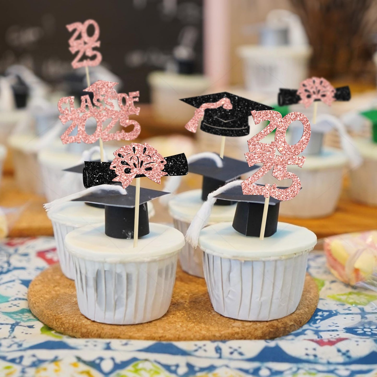 Ephlyn Graduation Cupcake Toppers - 36Pcs Rose Gold Class of 2025 Decor for Graduation Theme Party