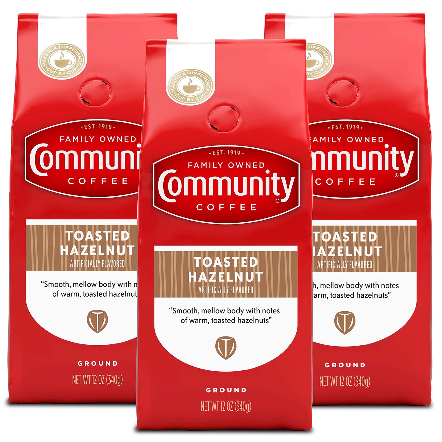 Community Coffee Toasted Hazelnut Flavored Medium Roast Ground Coffee, 12 Oz Bag (3 Pack), 100% Arabica Beans
