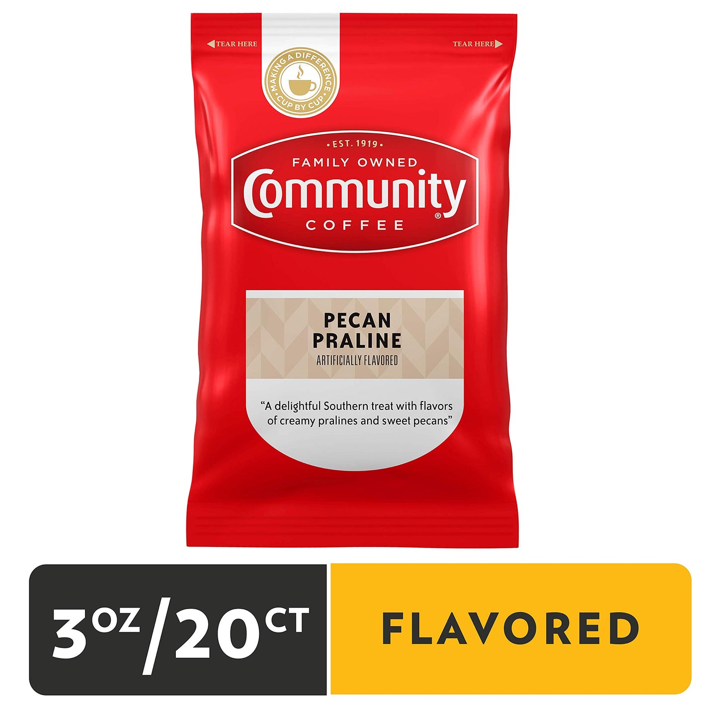 Community Coffee Pecan Praline Flavored Coffee Packs, Medium Roast, 3 Ounce Each, Pack of 20