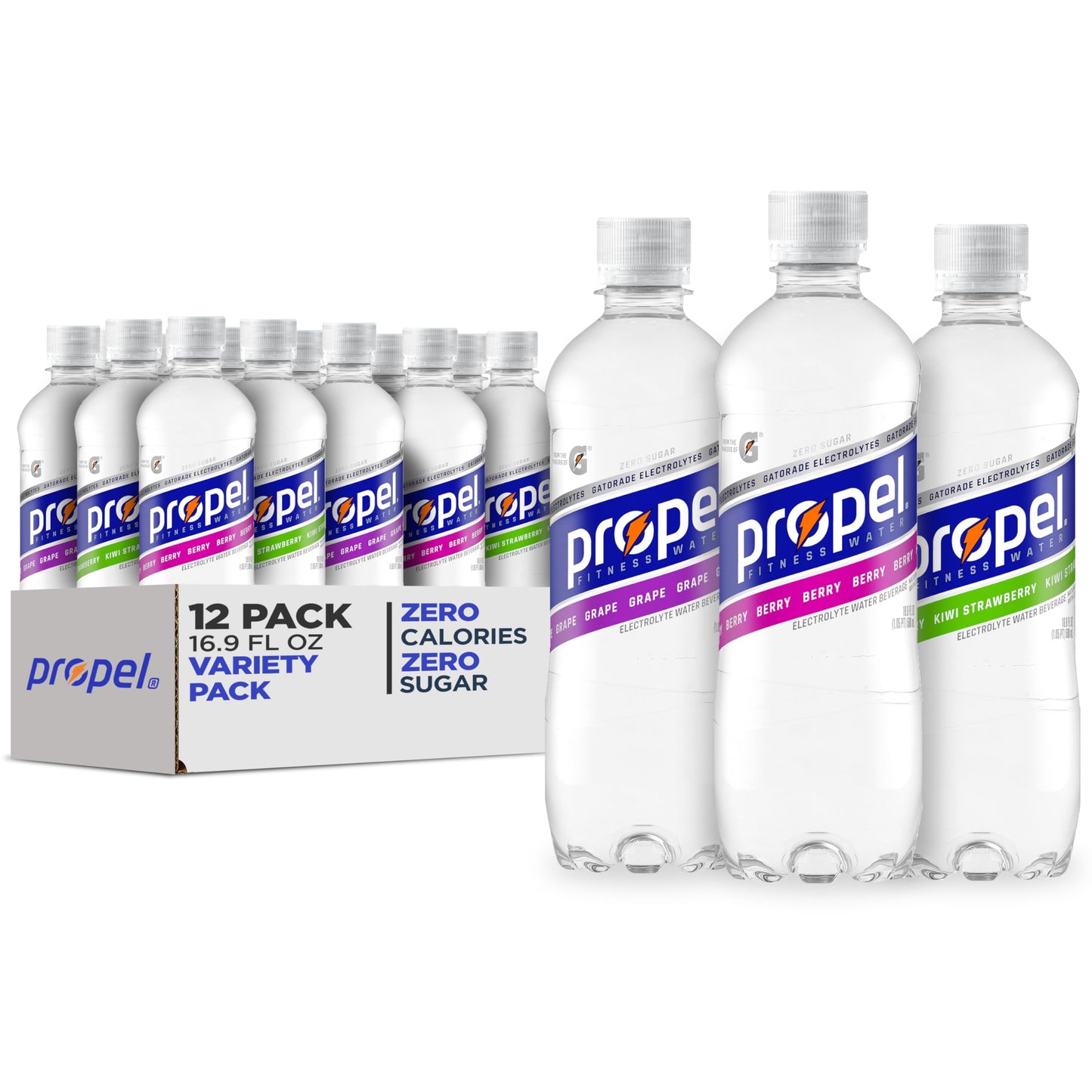 Propel, 3 Flavor Variety Pack, Zero Calorie Sports Drinking Water with Electrolytes and Vitamins C&E, 16.9 Fl Oz (Pack of 12)