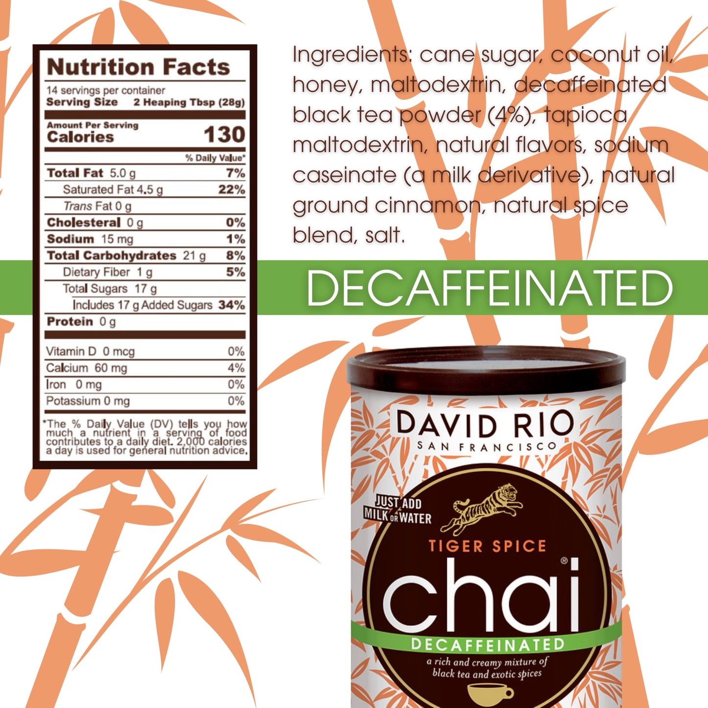 Tiger Spice Decaffeinated Chai Tea Latte Mix, 14 Oz, Decaf Black Tea, Organic Spices, Dairy Free, Serve Hot Or Cold, Just Add Wa