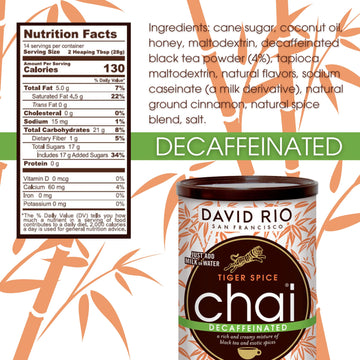Tiger Spice Decaffeinated Chai Tea Latte Mix, 14 Oz, Decaf Black Tea, Organic Spices, Dairy Free, Serve Hot Or Cold, Just Add Wa