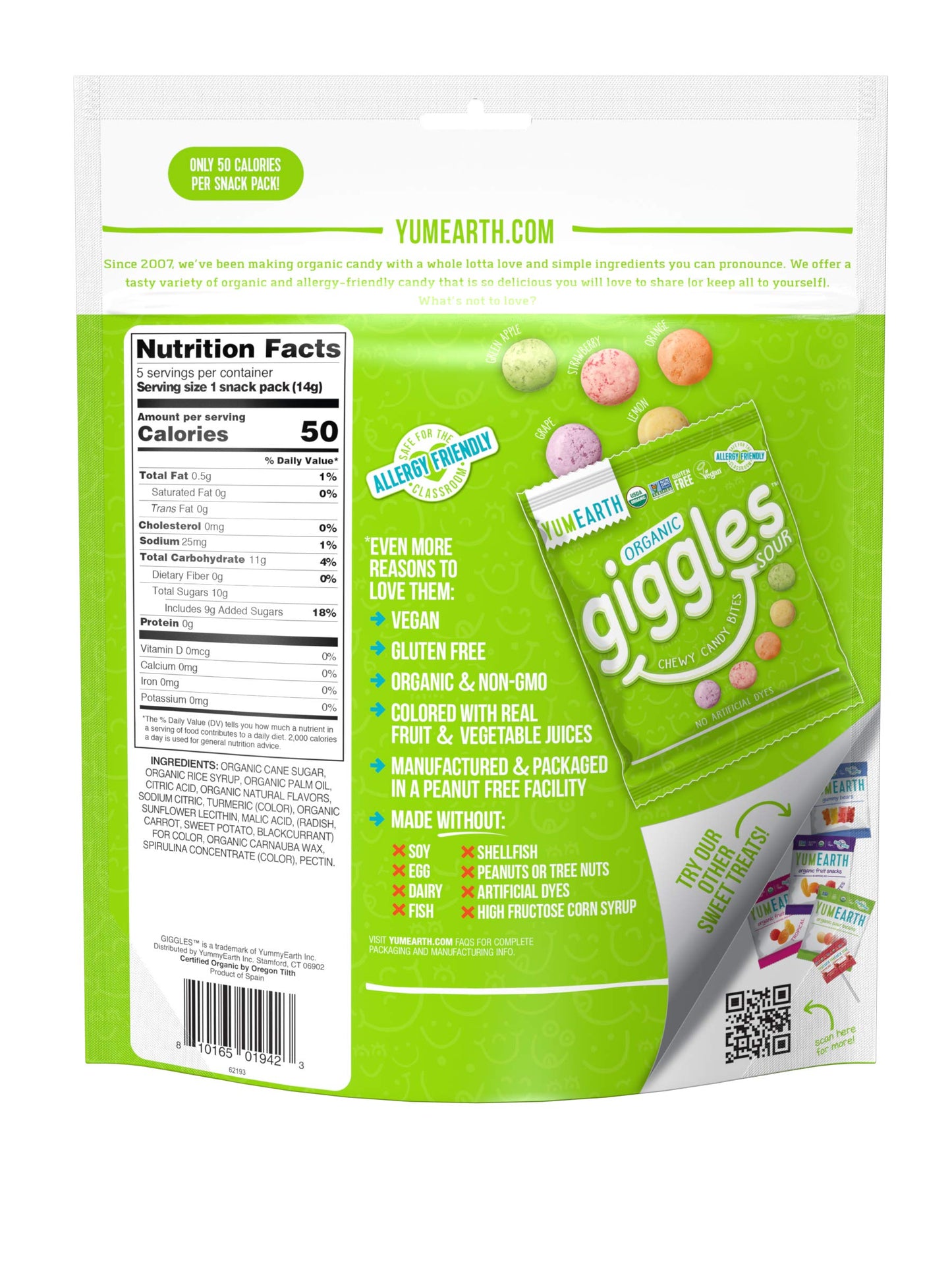 YumEarth Organic Giggles Sour Chewy Candy Bites, 60- 0.5 oz. Fruit Flavored Snack Packs, Allergy Friendly, Gluten Free, Non-GMO,