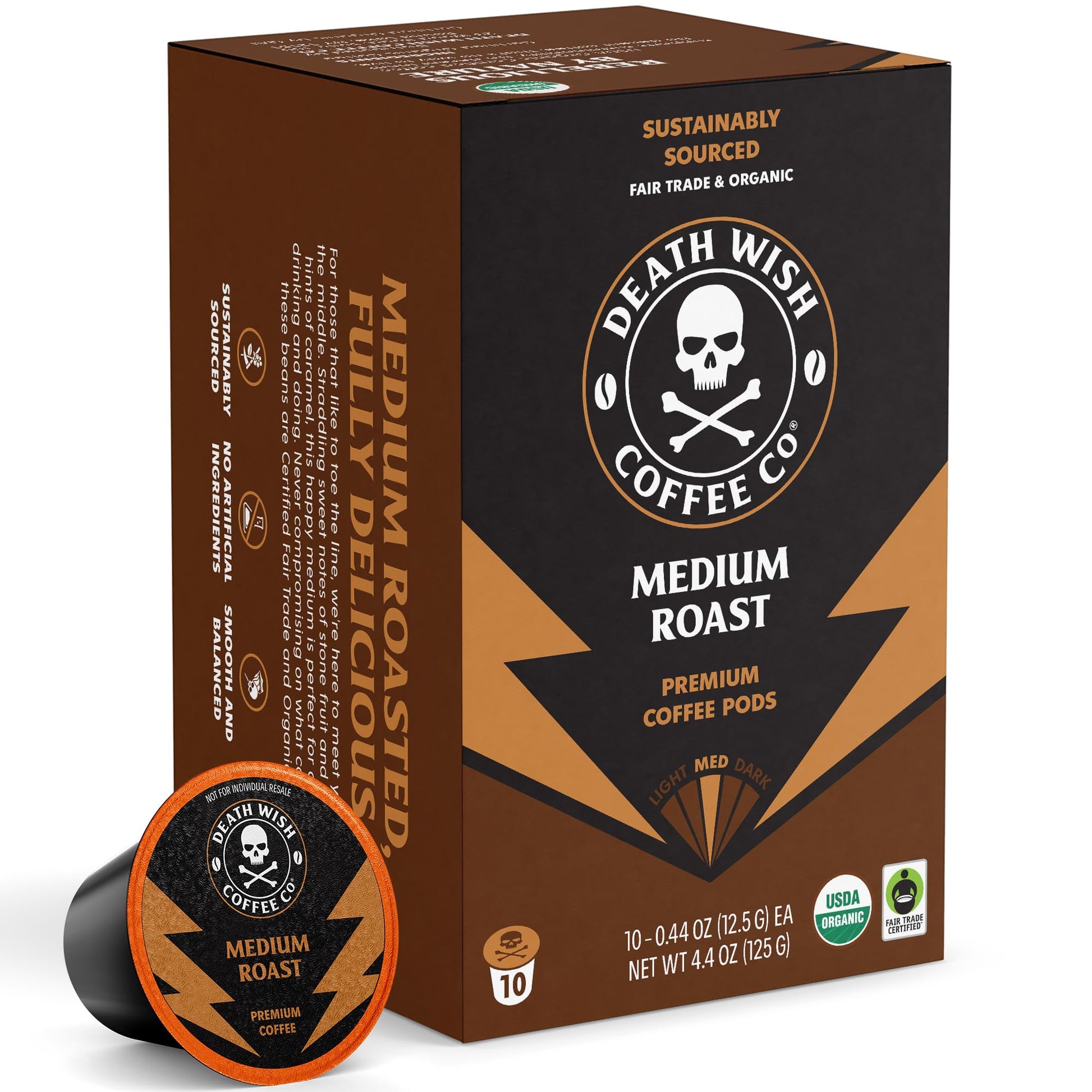Death Wish Coffee Single Serve Pods - Medium Roast - 10 Count - USDA Certified Organic - Extra Kick of Caffeine