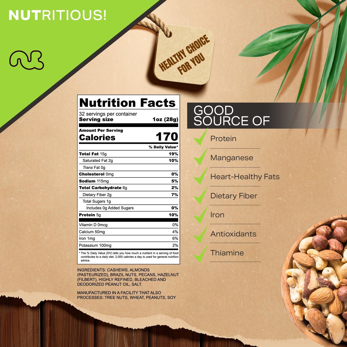 Nut Cravings Roasted & Salted Mixed Nuts, 32oz (2 LB), Resealable Bag, Includes Brazils, Pecan, Almond, Hazelnut, Cashew