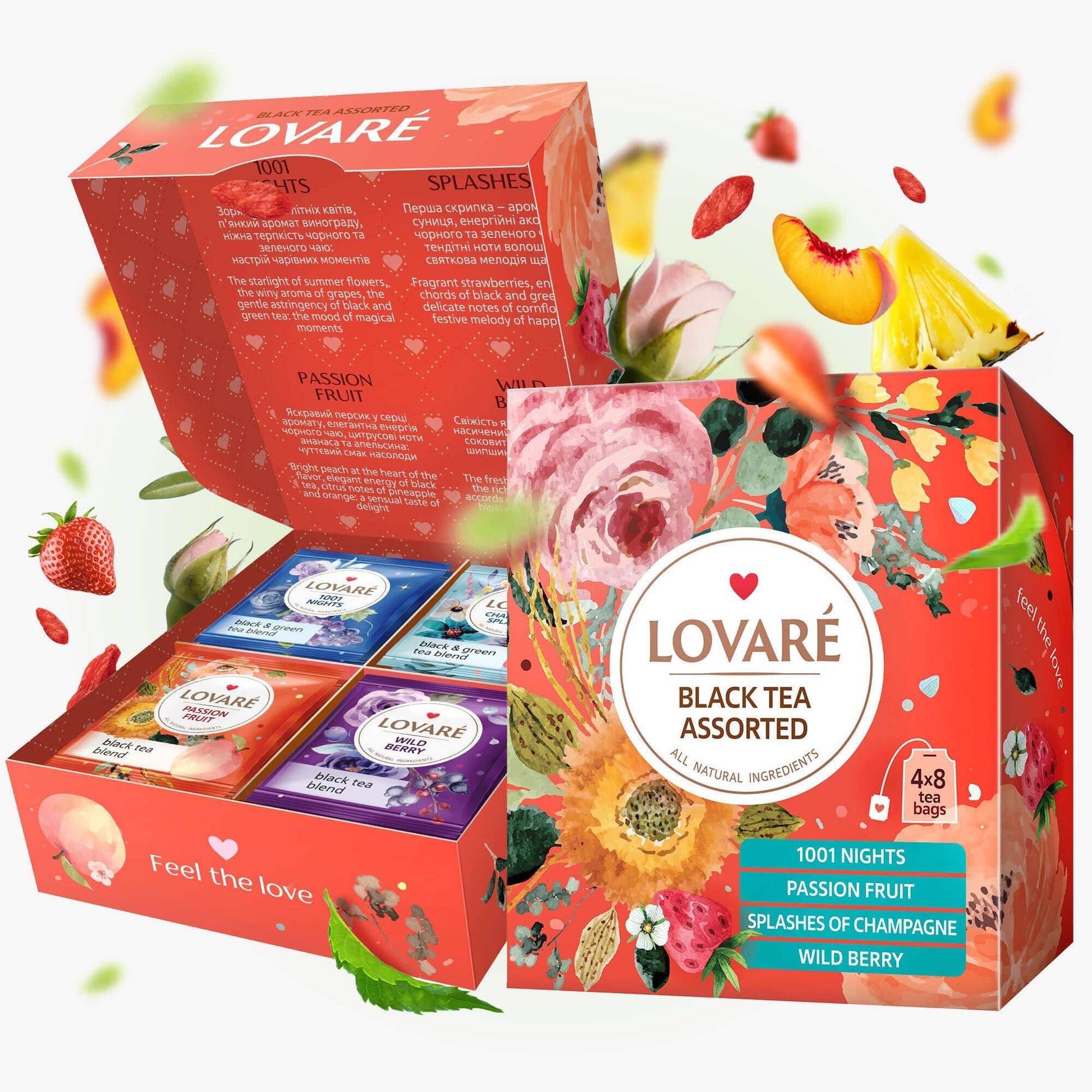 LOVARE Assorted Black Tea Bags Variety Pack - 32 Count - Gluten Free - 1001 Night, Passion Fruit, Champagne Splashes, Wild Berry