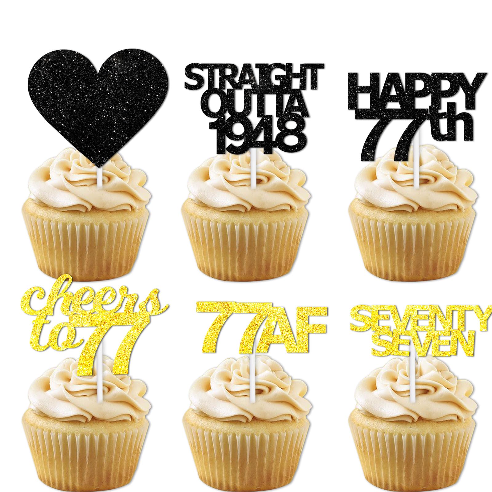 18pcs Black Gold Glitter Dessert Cupcake Pick for Straight Outta 1948 Cheer to 77 Years Old Theme Decor Supplies Happy 77th Birt