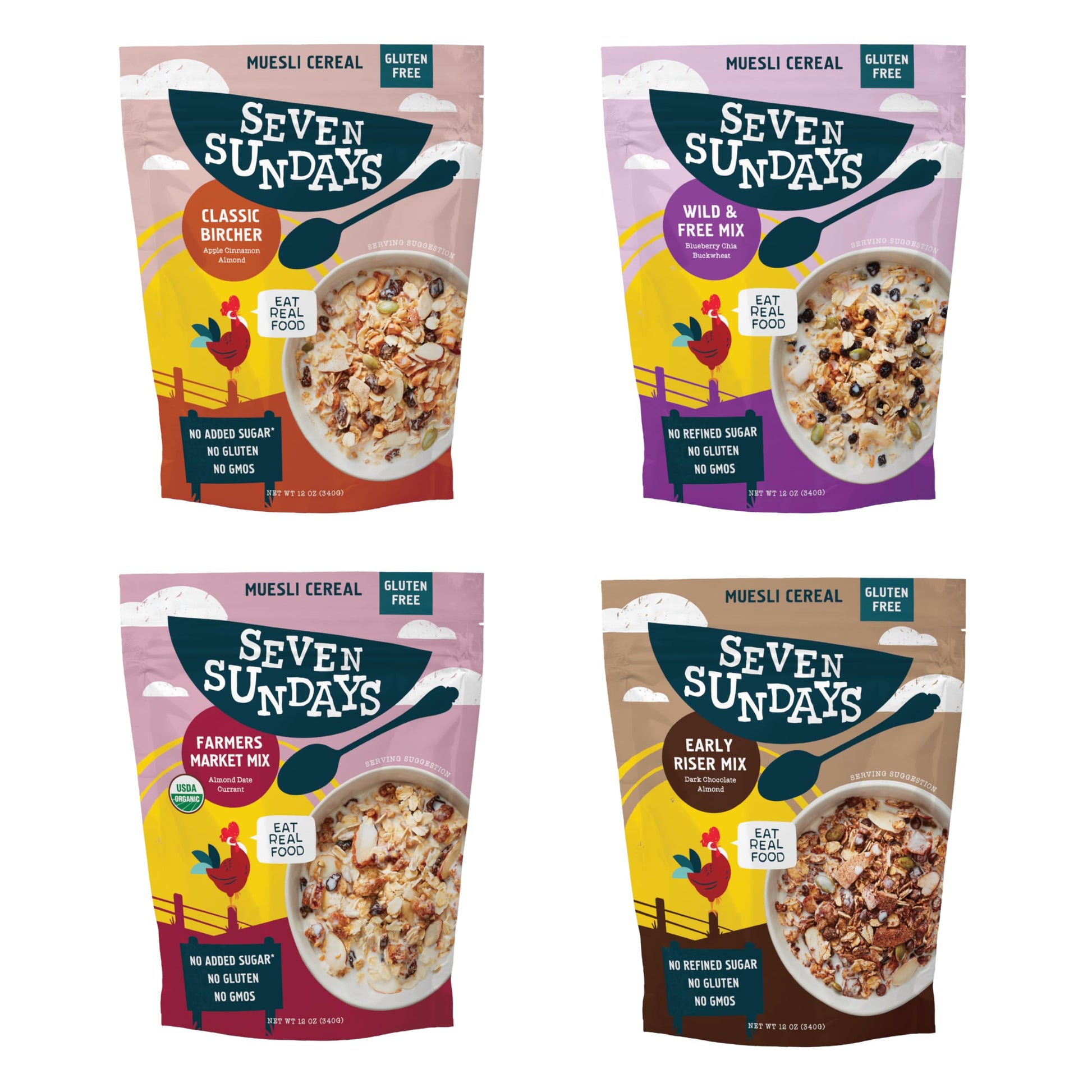 Seven Sundays Muesli Cereal Variety Pack - 4 Count, 12 Oz Bag - Certified Gluten Free Muesli - Non GMO, No Refined Sugar and Kos