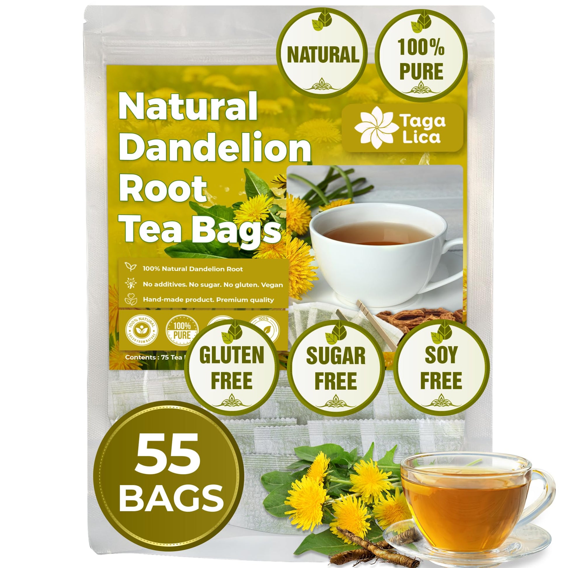 Tagalica Premium Dandelion Root Tea Bags, 100% Natural & Pure, 55 Count, Eco-Conscious, Herbal, Vegan, No Sugar, No Caffeine, No Gluten