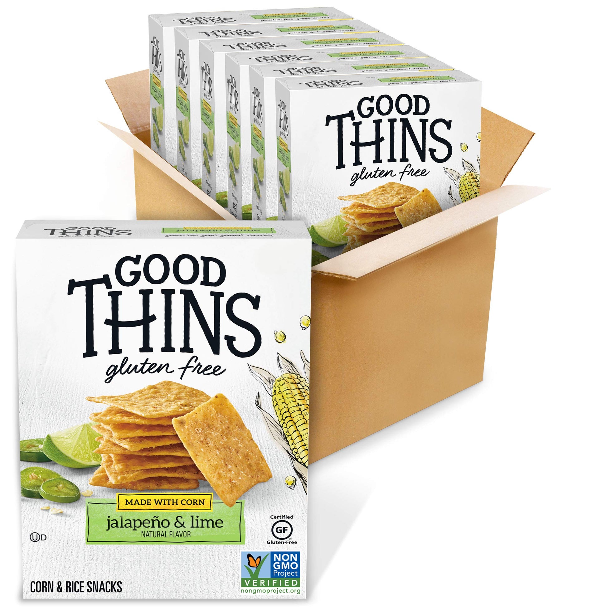 Good Thins Jalapeo & Lime Corn & Rice Snacks Gluten Free Crackers, 6 - 3.5 Oz Boxes