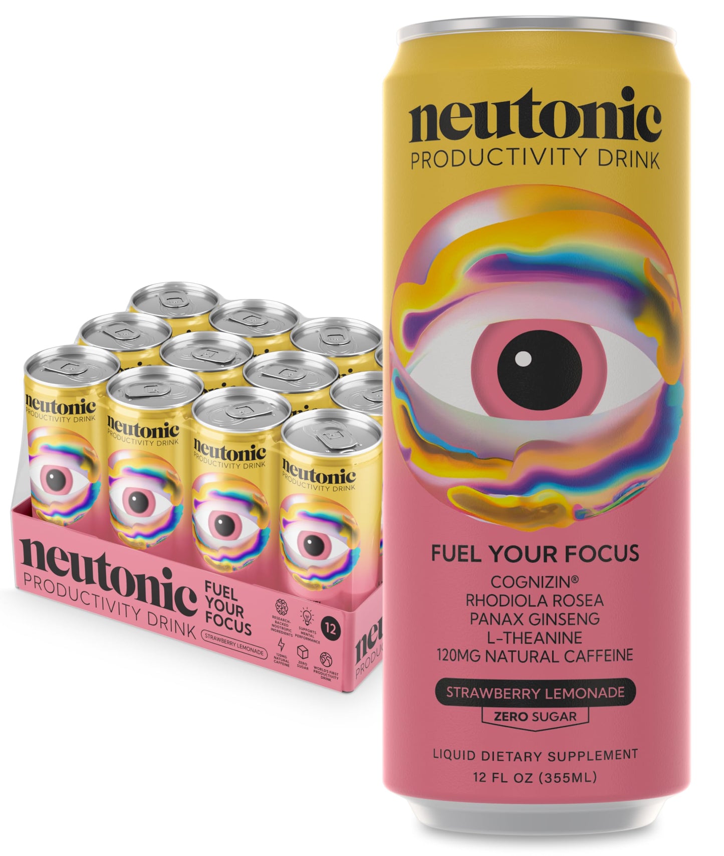 Neutonic Nootropic Productivity Energy Drink | Strawberry Lemonade 12 Cans | 120mg Natural Caffeine  Zero Sugar | Support Memory  Mental Clarity  Cognitive Function | Boost Focus  Energy  Brain Health