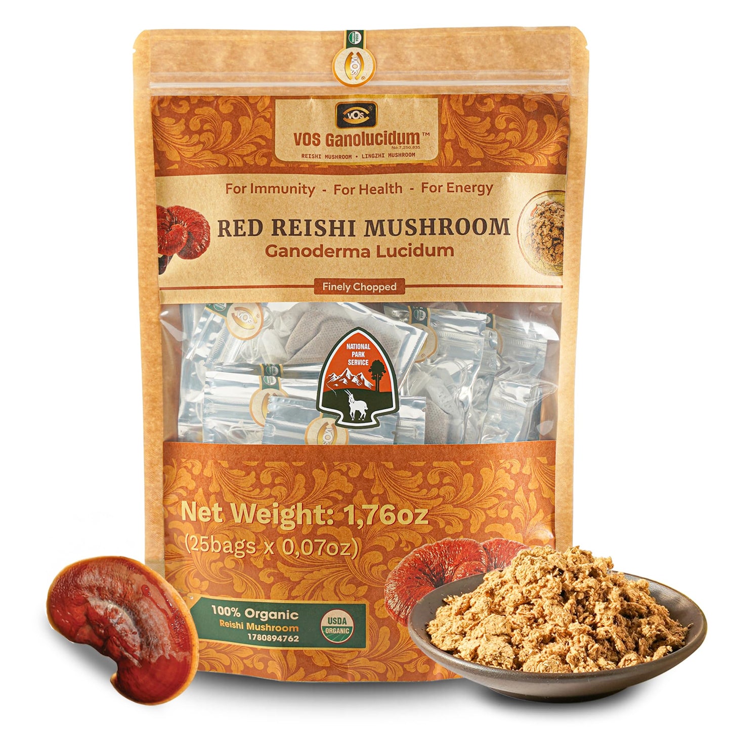 VOS GANOLUCIDUM Finely Chopped Reishi Mushroom, 25 Count, Convenient Zip Bags for Tea, Soup, or Porridge