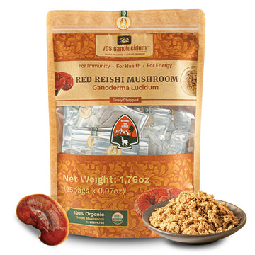 VOS GANOLUCIDUM Finely Chopped Reishi Mushroom, 25 Count, Convenient Zip Bags for Tea, Soup, or Porridge