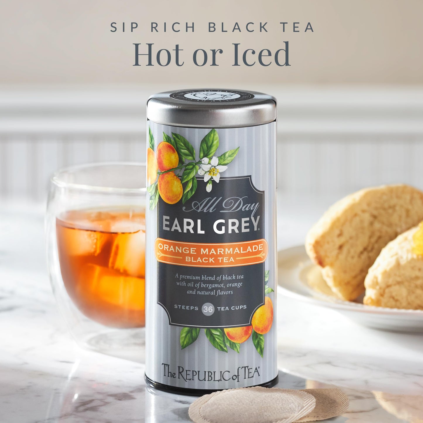 The Republic of Tea All Day Earl Grey Orange Marmalade Black Tea, Naturally Caffeinated, 36 Tea Bags