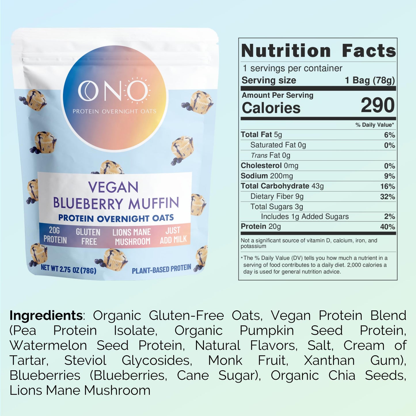 Ono Overnight Oats - Vegan Blueberry Muffin Protein Oatmeal (6 Pack)- 20G Vegan Protein Powder, High Fiber, Low Sugar, Organic G