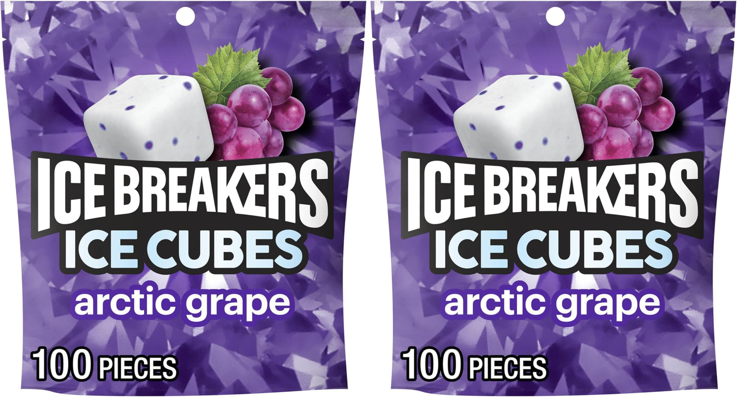 ICE BREAKERS Ice Cubes Arctic Grape Sugar Free Chewing Gum Pouch, 8.11 oz (100 Pieces) (Pack of 2)