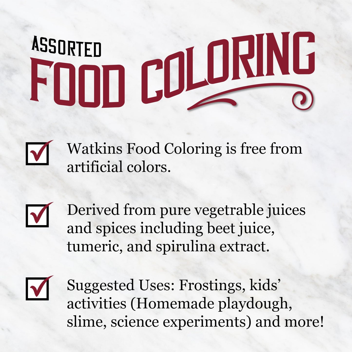 Watkins Assorted Food Coloring, 1 Each Red, Yellow, Green, Blue, Total Four .3 Oz Bottles