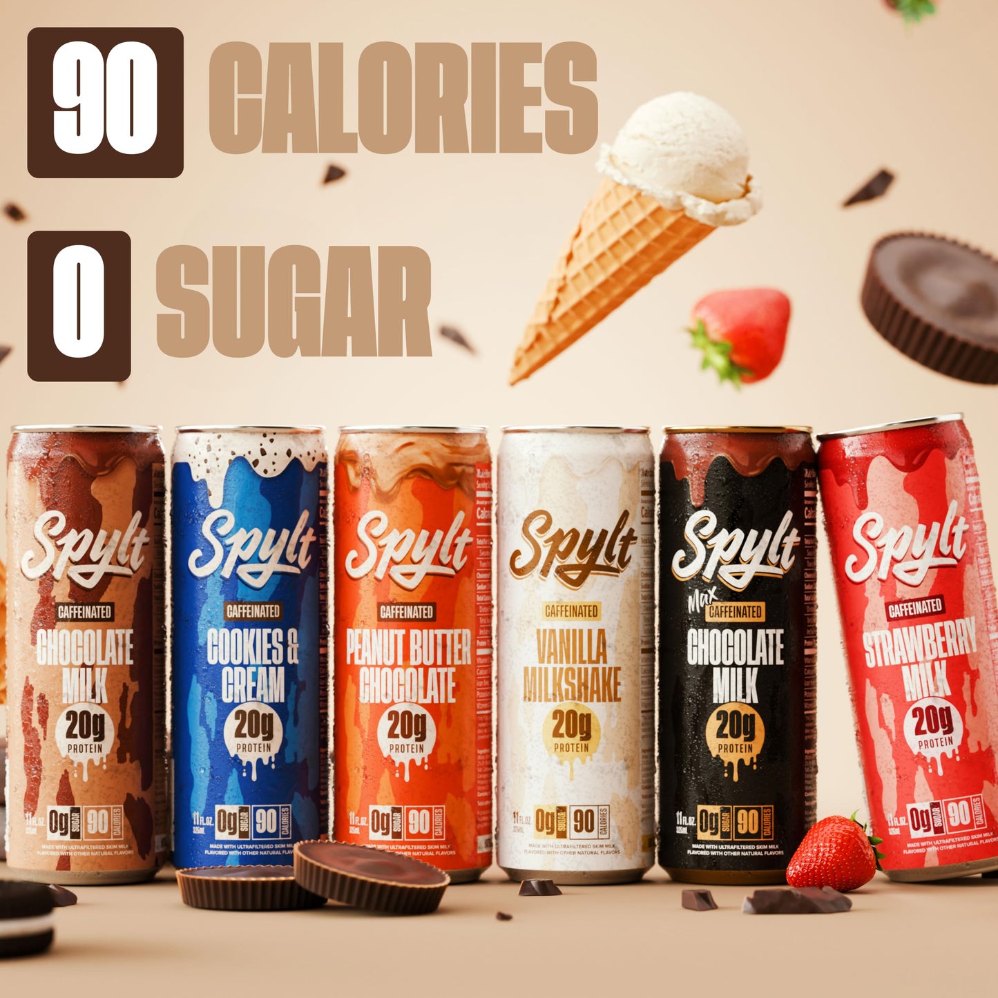 Spylt High Protein Milk - 6 Flavor Variety Pack with 60mg Caffeine & 20g Protein - 90 Calories  Ready to Drink  Sugar Free  Lactose Free Milk  Perfect for Workout Recovery & Afternoon Pick Me Up - 12 Count