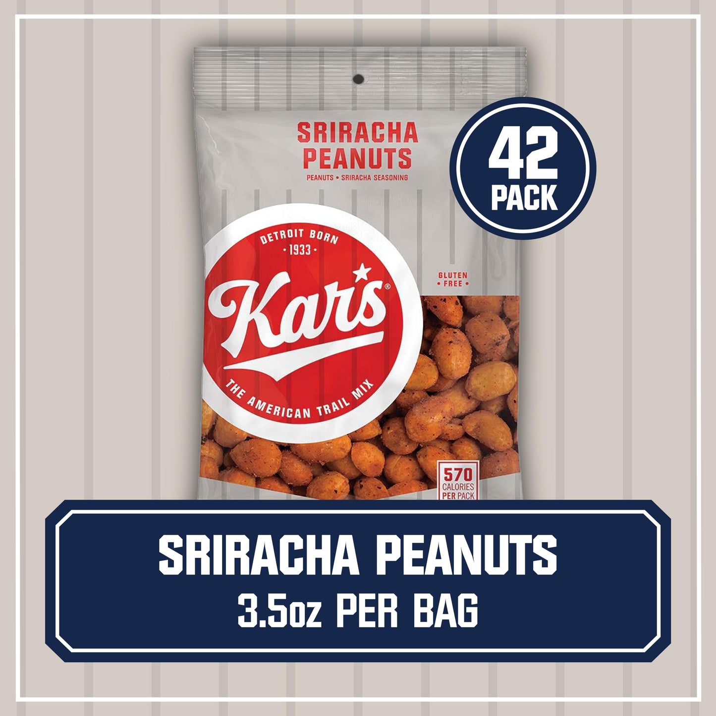 Kars Nuts Spicy Hot Sriracha Peanuts, 3.5 oz Individual Snack Packs - Bulk Pack of 42, Gluten-Free Snack Mix
