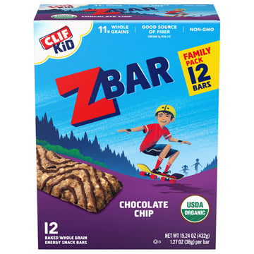 CLIF Kid Zbar - Chocolate Chip - Soft Baked Whole Grain Snack Bars - USDA Organic - Non-GMO - Plant-Based - 1.27 oz. (12 Pack)