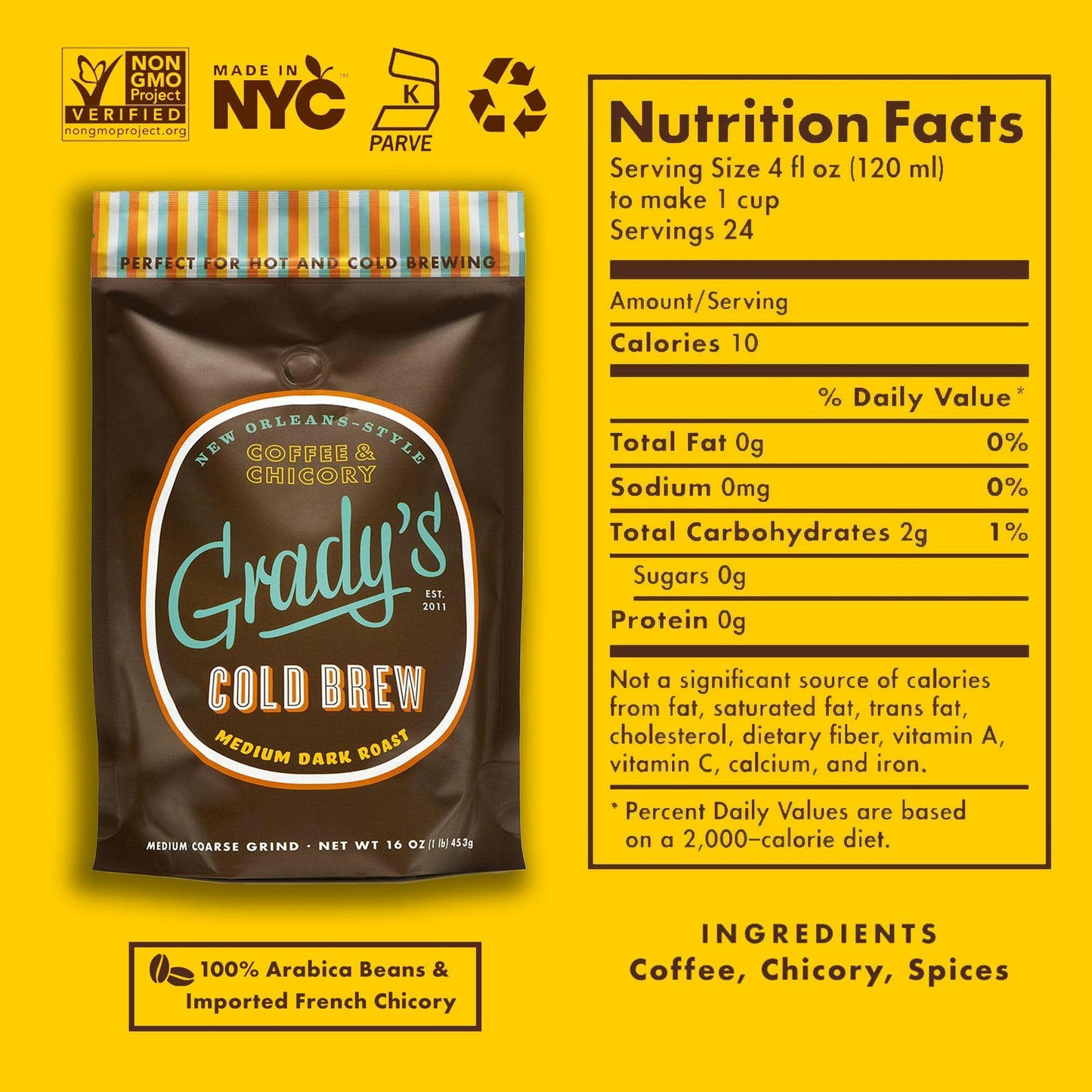 Gradys Cold Brew New Orleans Style Coffee, 100% Arabica Medium Dark Roast, Ground for Hot Coffee & Cold Brew, 16 Ounce Bag