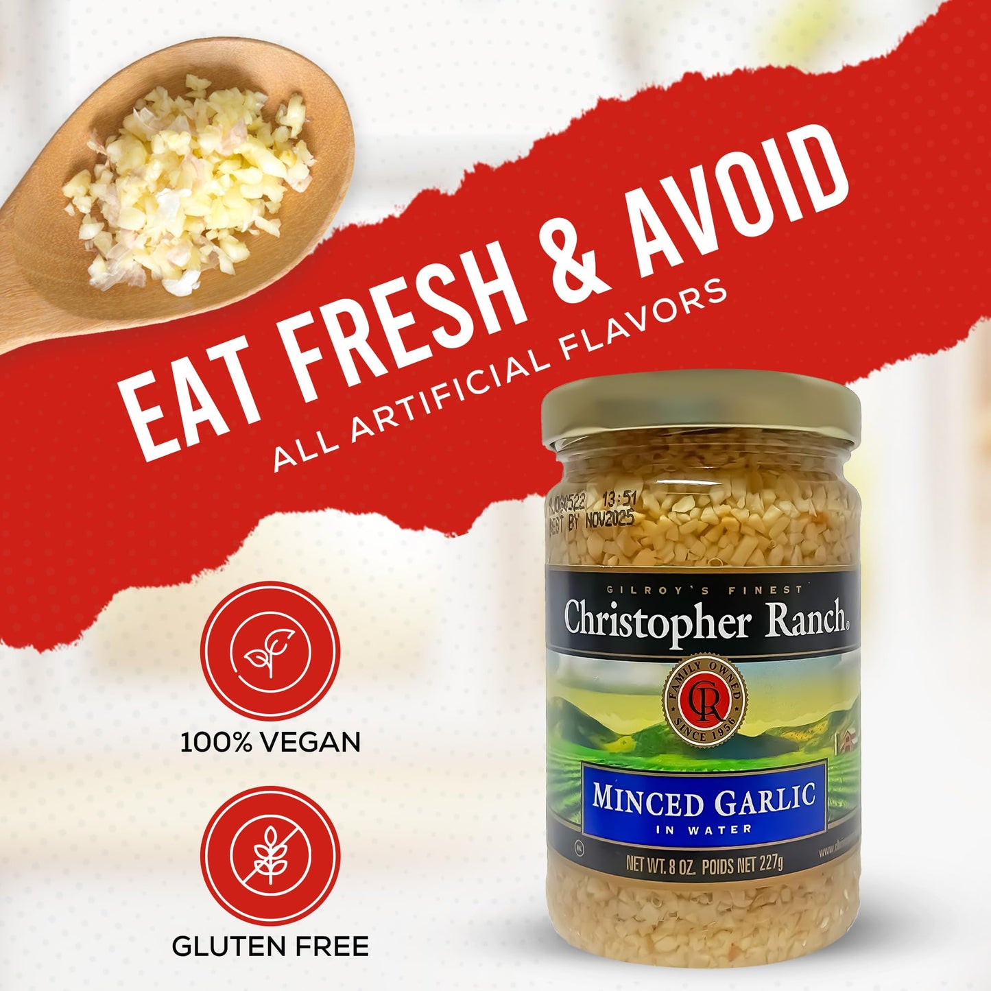 Christopher Ranch Minced Garlic In Water | California Grown Minced Garlic In Jar | Minced From Peeled Garlic Clove For Ultimate Convenience Ideal For Cooking Sauces & Everyday Culinary Delights - 8 Oz