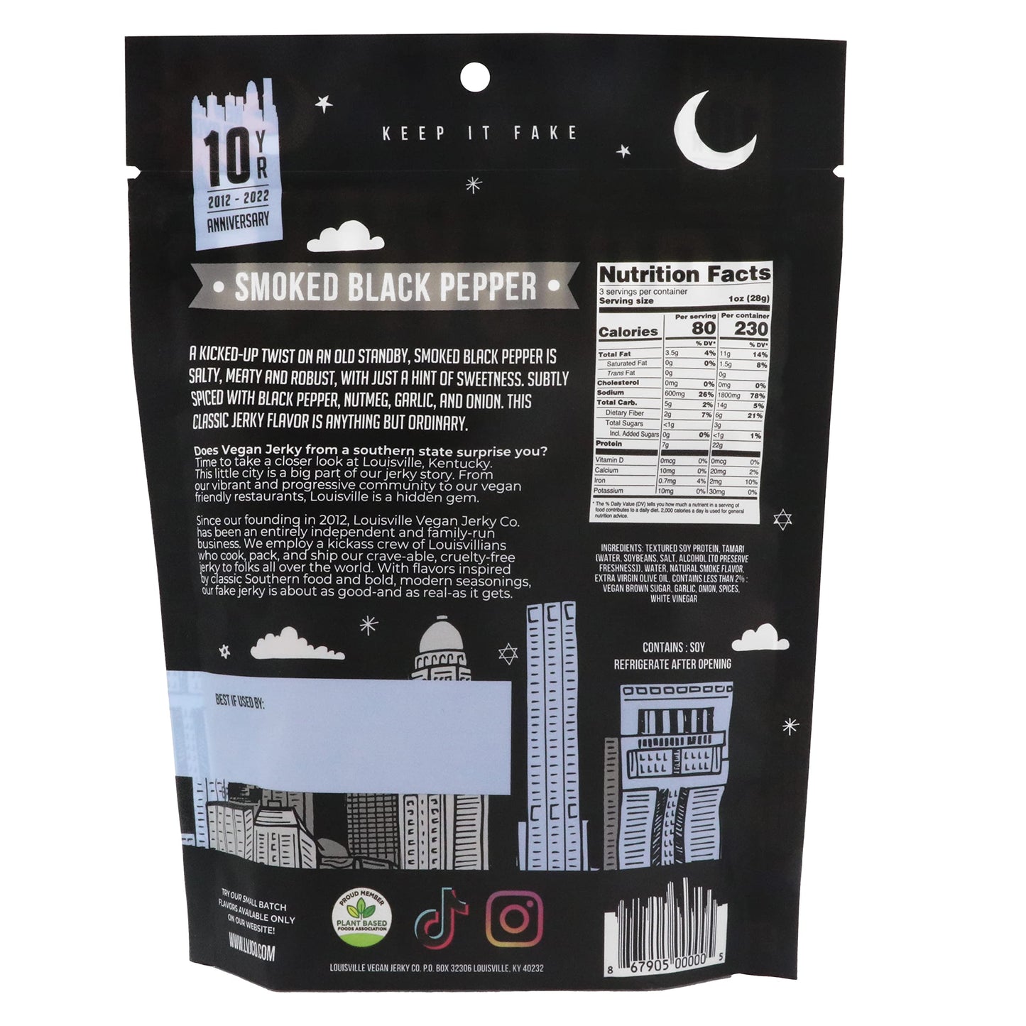 Louisville Vegan Jerky Smoked Black Pepper 5-Pack, 21g Non-GMO Soy Protein, Gluten-Free, 2.5 oz Each