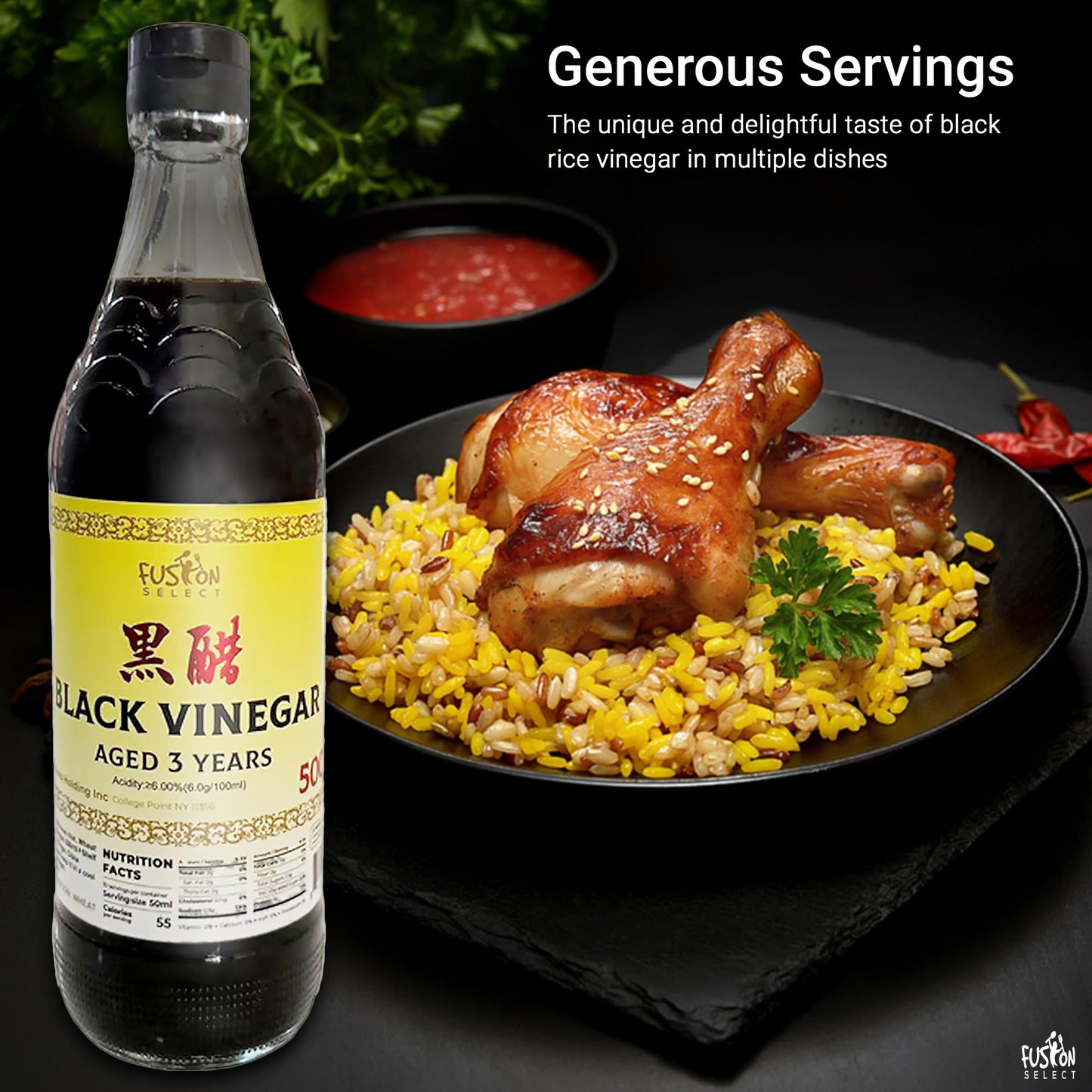 Fusion Select 500Ml Chinese Black Vinegar - Authentic Chinkiang Black Vinegar For Cooking, Sauces, Dressings - Zero Artificial C